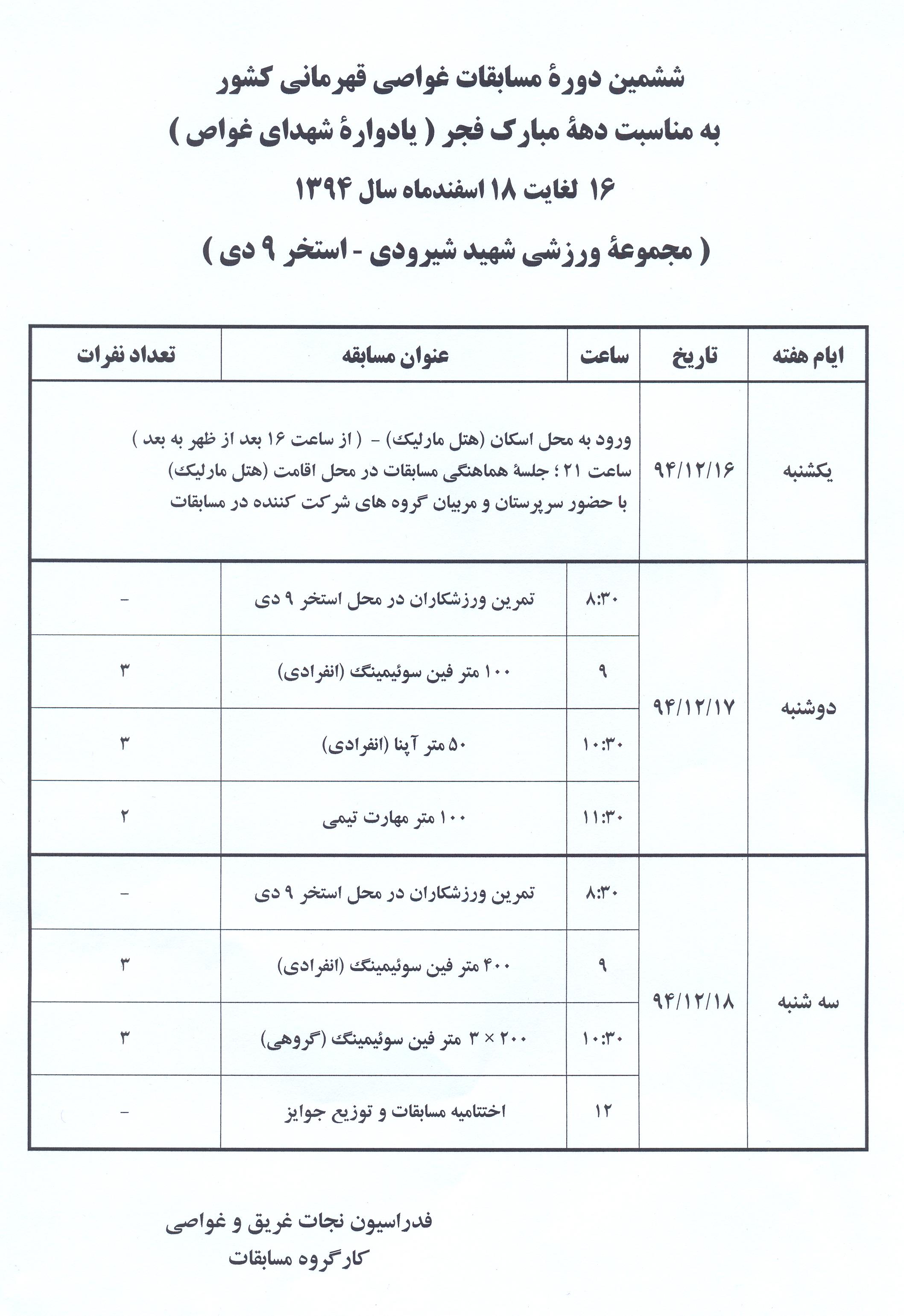 برنامۀ مسابقات غواصی قهرمانی کشور 94